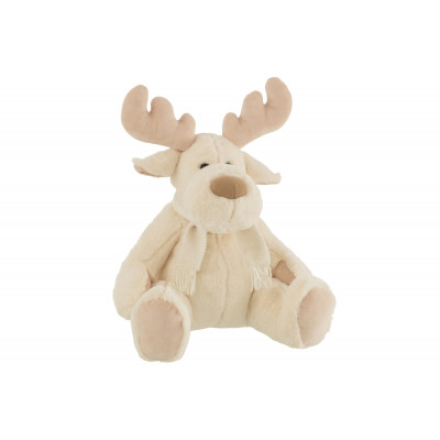 Peluche Renne Assis avec Écharpe Blanc/Beige - Large