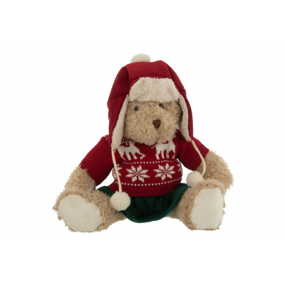 Peluche Ours fille avec Pull de Noël et Bonnet beige/rouge