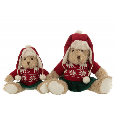 Peluche Ours fille avec Pull de Noël et Bonnet beige/rouge
