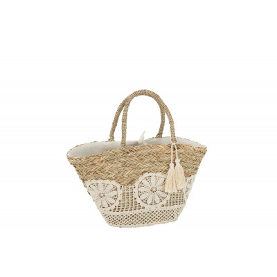 Sac de plage en jonc de mer avec fleurs de dentelle et pompons blanc