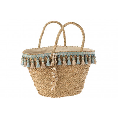 Sac de plage en jonc de mer à pompons bleu/beige