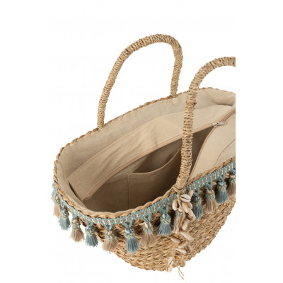 Sac de plage en jonc de mer à pompons bleu/beige