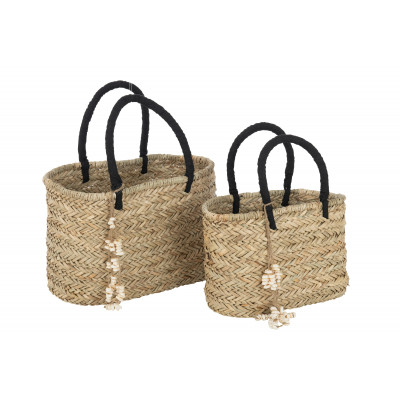 Sac de plage en jonc de mer avec coquillages, poignées noires - Large