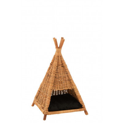 Tente pour chat en rotin miel avec coussin noir