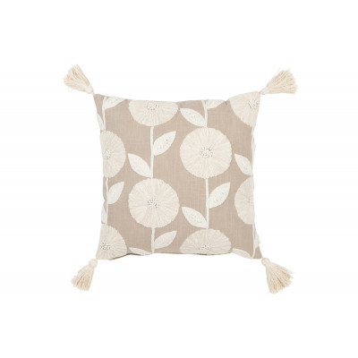 Coussin avec fleurs brodées en coton taupe/beige