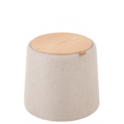Pouf/Table d'appoint rond en textile/bois beige