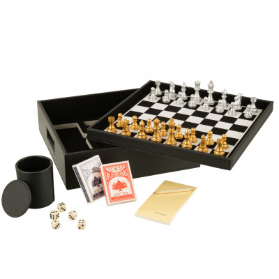 Boîte jeu de cartes et échecs en simili cuir noir