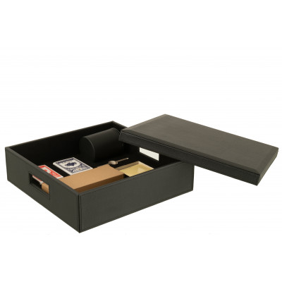 Boîte jeu de cartes et échecs en simili cuir noir