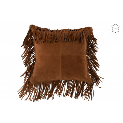 Coussin carré à franges en cuir cognac
