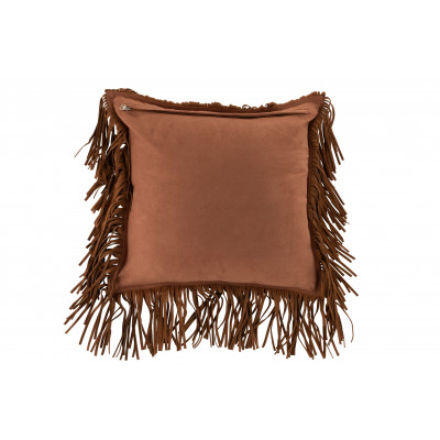 Coussin carré à franges en cuir cognac