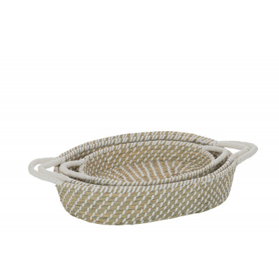 Ensemble de 3 paniers ovales avec poignées en jonc de mer naturel blanc.