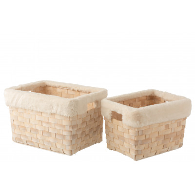 Ensemble de 2 paniers rectangle en rotin plat blanc naturel lavé avec fourrure synthétique