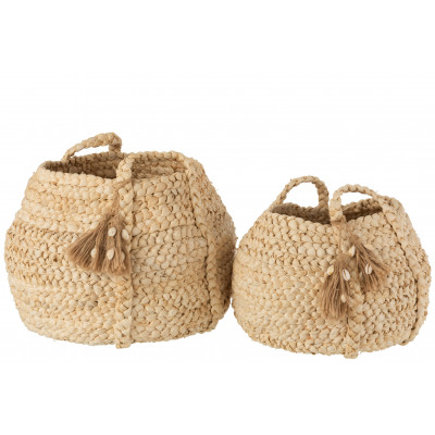 Lot de 2 paniers en jute et maïs tressés avec des pompons