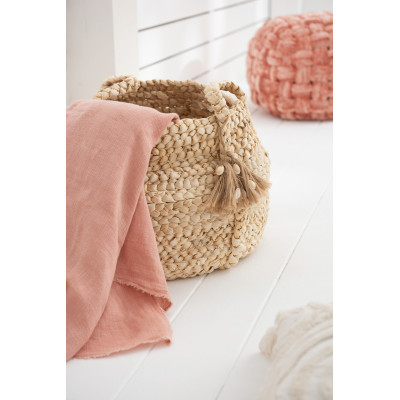 Lot de 2 paniers en jute et maïs tressés avec des pompons