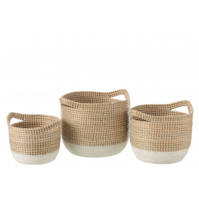Ensemble de 3 paniers ronds en jonc de mer naturel/blanc