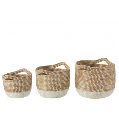 Ensemble de 3 paniers ronds en jonc de mer naturel/blanc