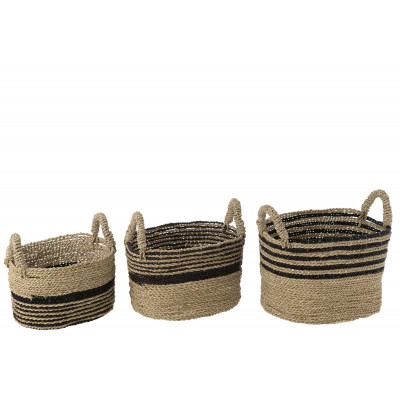 Ensemble de 3 paniers Aline en raphia noir/naturel