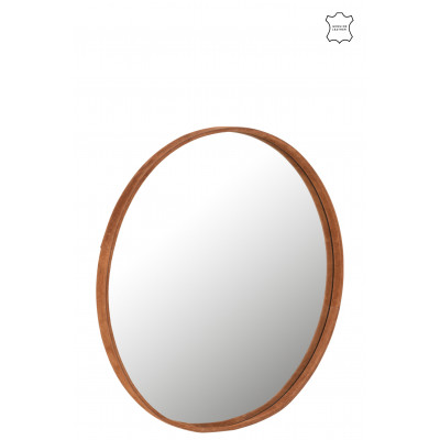 Miroir rond en cuir Cognac - Large