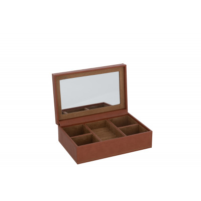 Boîte à bijoux 5 compartiments avec miroir en simili cuir cognac