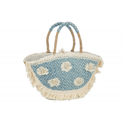 Sac de plage avec fleurs en denim bleu et seagrass naturel
