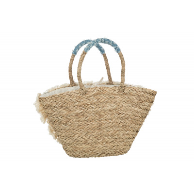 Sac de plage avec fleurs en denim bleu et seagrass naturel