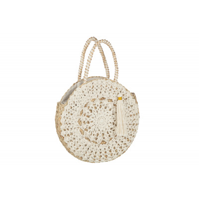 Sac de plage rond avec pompon en jonc de mer et crochet blanc