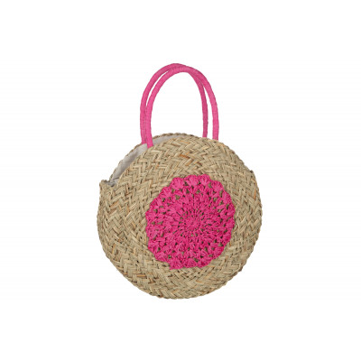 Sac de plage rond en jonc de mer naturel et fuchsia