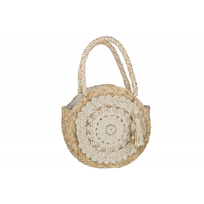 Sac de plage rond en jonc de mer et crochet blanc