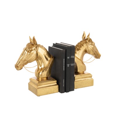 Set de 2 serre-livres sur base tête de cheval en polyrésine de couleur dorée