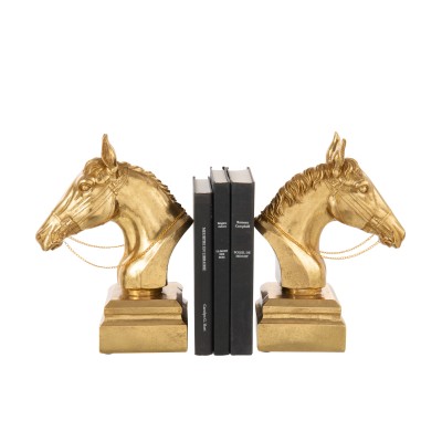Set de 2 serre-livres sur base tête de cheval en polyrésine de couleur dorée