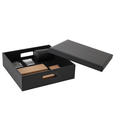 Boîte jeu de cartes et échecs en simili cuir noir